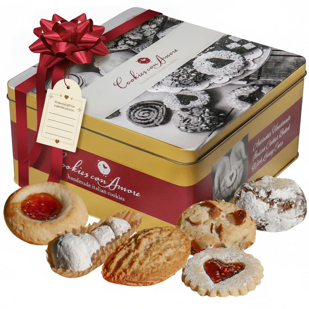 Assorted Italian Cookies Gift Box, 30+ Pieces Individually Wrapped Traditional Gourmet Cookies - 2Lb Square Tin With Authentic Enhanced Pastries For Holiday Gifting, Coffee Pairing, And Christmas Celebrations