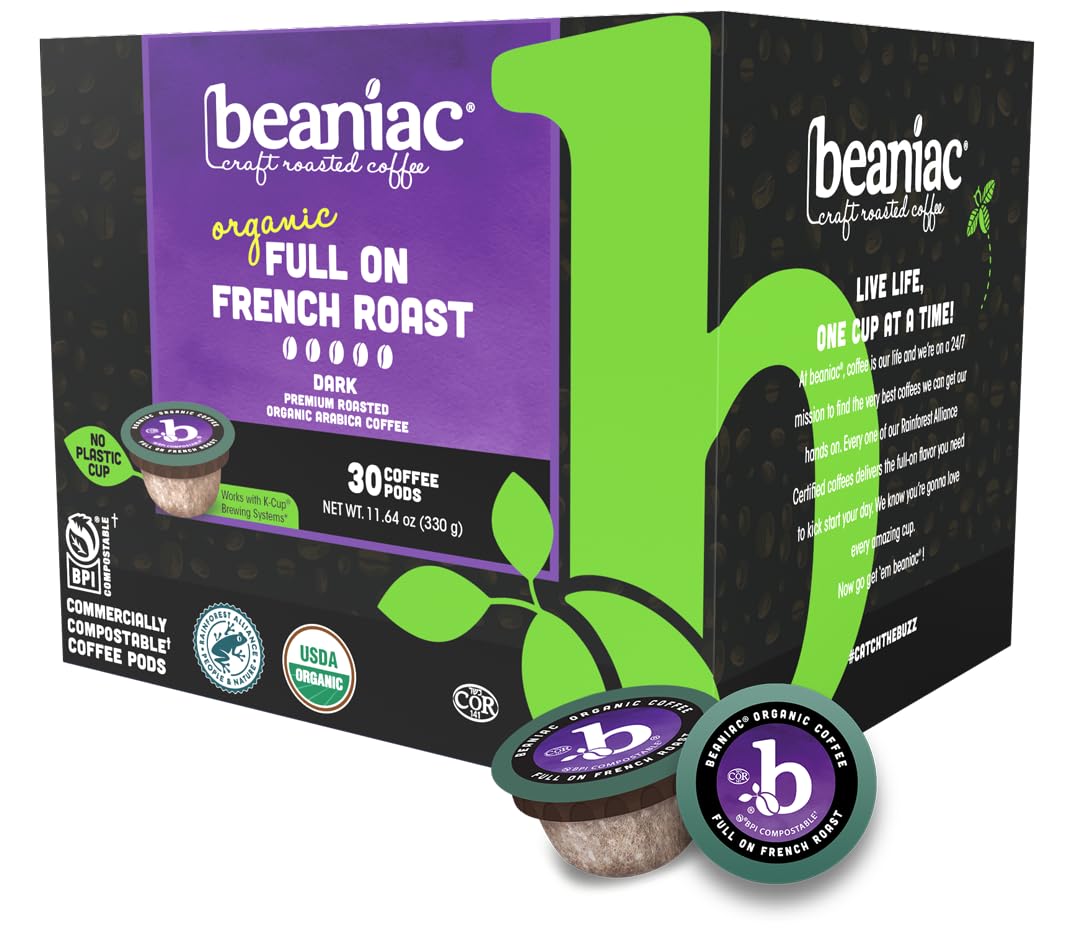 beaniac Organic French Roast Coffee Pods, Dark Roast, Compostable K Cups, 30 Count