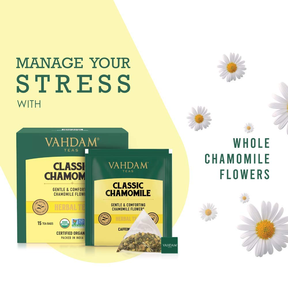 Vahdam, Chamomile Herbal Tea Bags (15 Count) Caffeine Free, Non Gmo, Gluten Free | 100% Pure Herbal Tisane - Sweet & Floral | Whole Leaf Tea Bags | Resealable Ziplock Pouch