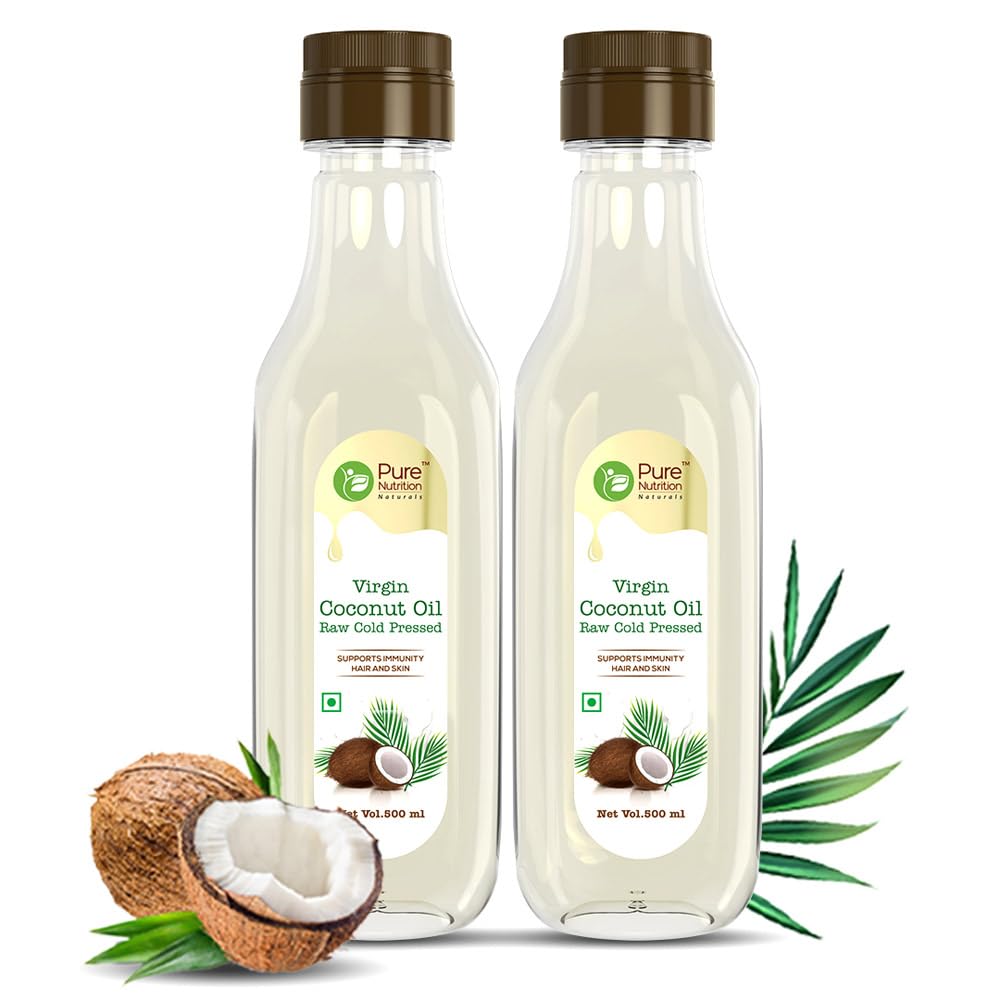 Pure Nutrition Naturals Virgin Coconut Oil 1 Litre (500Ml X 2 Pet Bottles), Cold Pressed & Unrefined, Good For Hair Growth, Skin