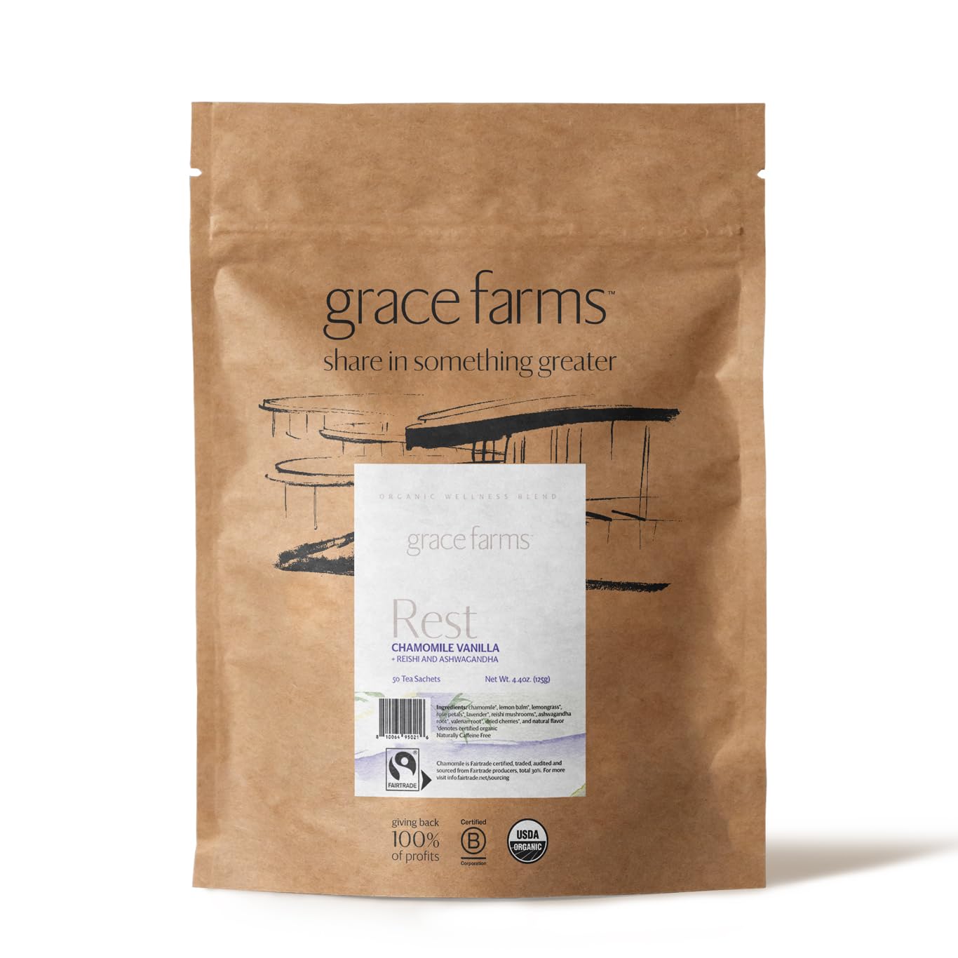 Grace Farms Rest Wellness Organic Tea Blend (50 Sachet Pouch) | Sleep And Stress Support For Evening | Chamomile Vanilla Tea With Energy Blend Free Adaptogens And Mushrooms | Gives Back 100% Of Profits