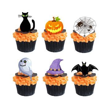 Halloween Edible Cupcake Toppers Pumpkin Ghost Bat Black Cat - Pre-Cut Wafer Paper Cake Decorations