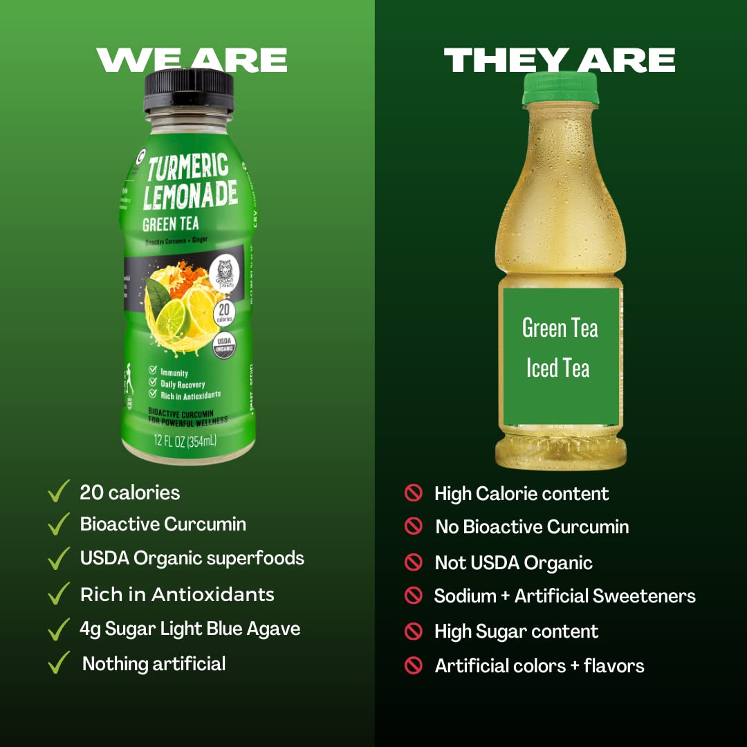 Golden Tiger Still Turmeric Lemonade, Green Tea - Organic Superfood-Infused Sports Drink With Curcumin & Ginger - Antioxidants For Recovery And Immunity, 4G Sugar (12 Bottles)