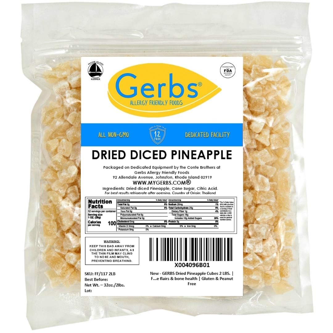 Gerbs Dried Pineapple Cubes, 2 LBS - Preservative Free & Unsulfured - Top 14 Food Allergy Free & Non GMO - Product of Thailand