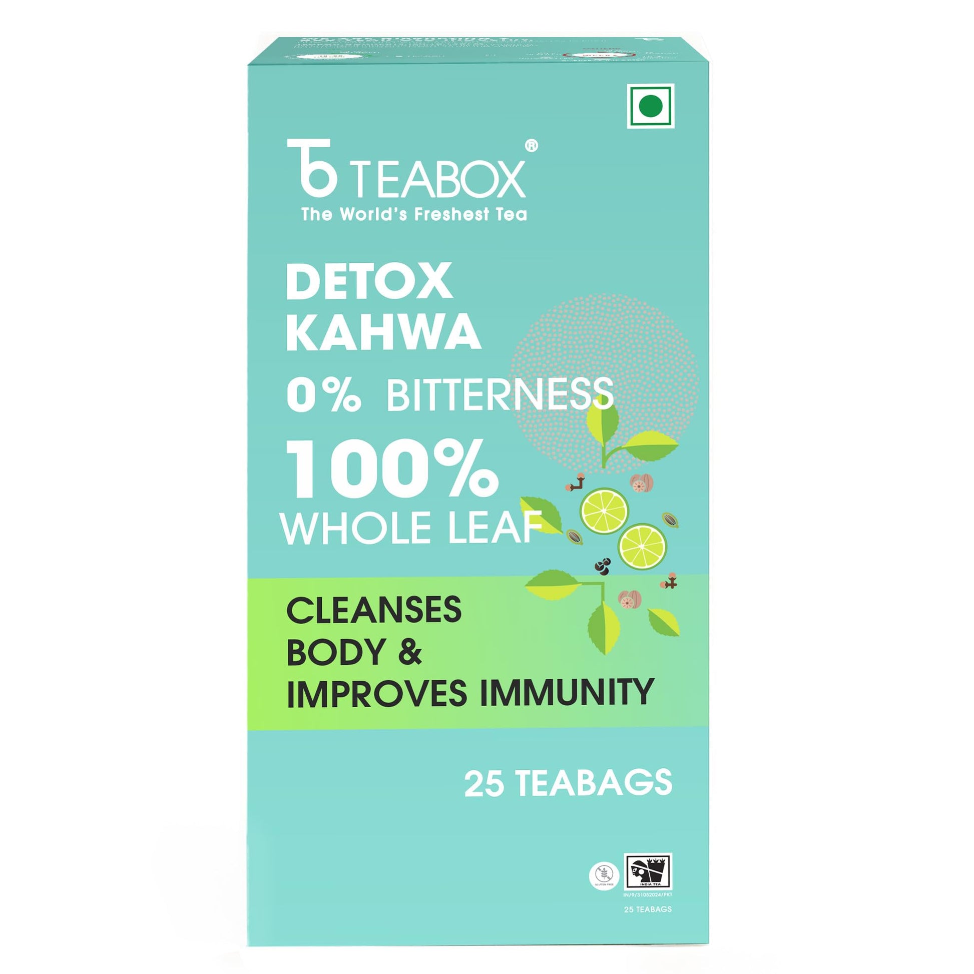 Teabox Enhanced Detox Green Tea | 100% Whole Leaf Green Tea With Ginger, Salt, Basil, Nutmeg, Pepper And Asafoetida | 0% Bitterness | 25 Tea Bags