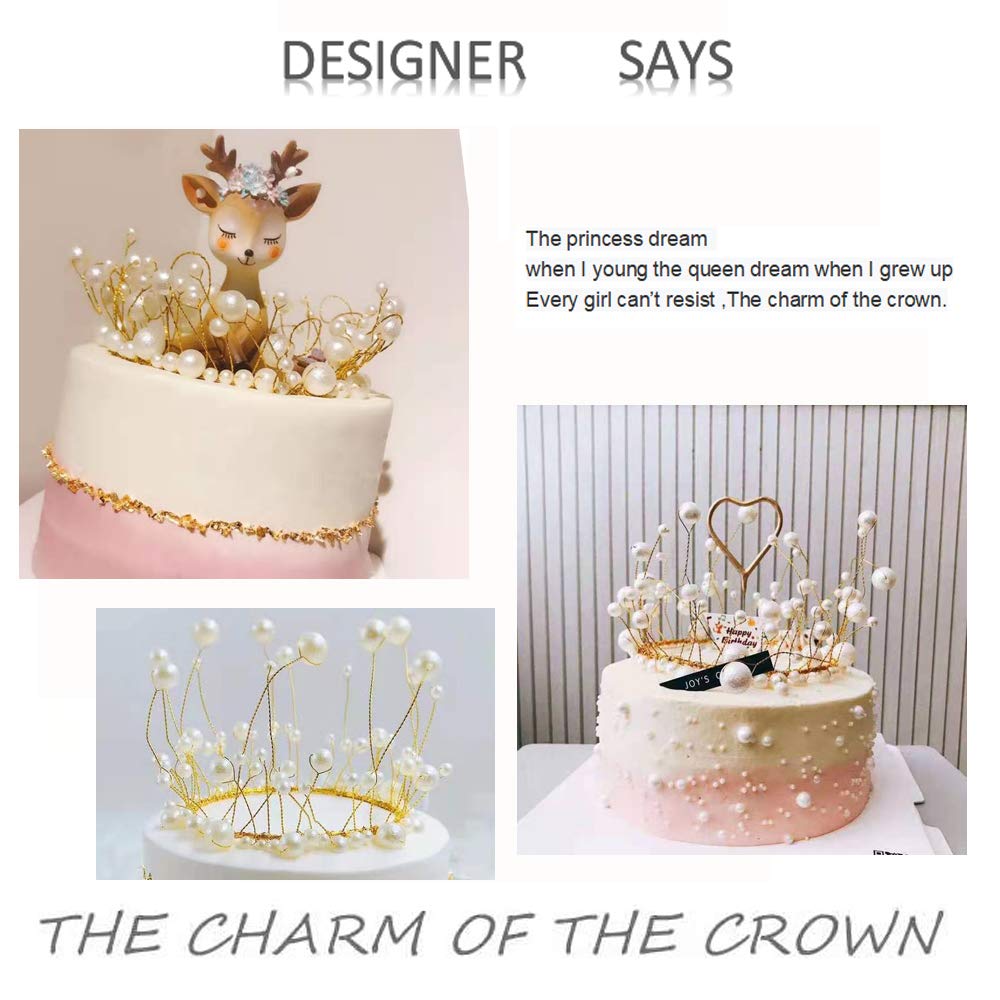 Shiny Handmade Happy Birthday Cake Topper For Girls Women Men, White Artificial Pearl Crown Cake Topper For Wedding Graduation P