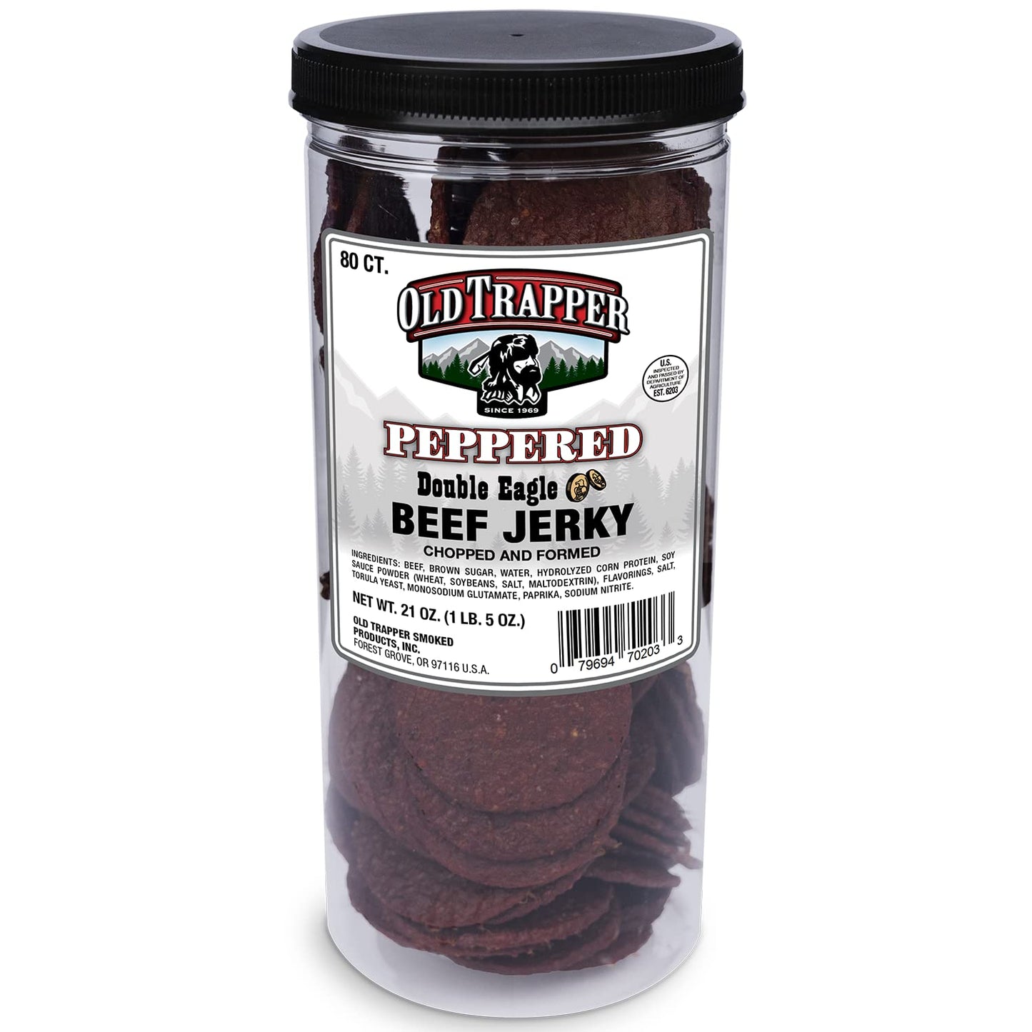 Old Trapper Beef Jerky, Peppered Flavor, 80 Count, 21oz Jar, Natural Wood Smoked Meat Snacks, 10g Protein per Serving