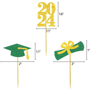 Graduation Cupcake Toppers Grad Party Decoration Food Picks Congrats Glitter Diploma Cap School Colors Supplies 24 Pcs Green Gol