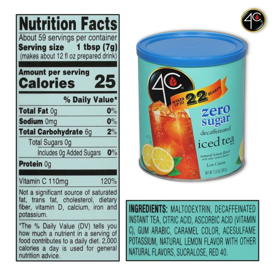 4C Light Powdered Drink Mix Cannisters, Zero Sugar Decaffeinated Iced Tea 3 Pack, 22 Quarts, Family Sized Cannister, Low Calorie