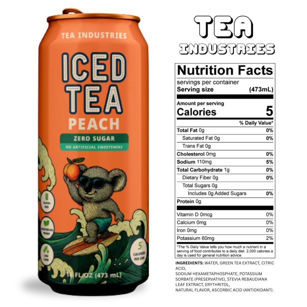 Green Tea with Peach Iced Tea - Sugar Free  Low Calorie Antioxidant Drink  Fruity Flavor  16oz Cans (12-Pack)