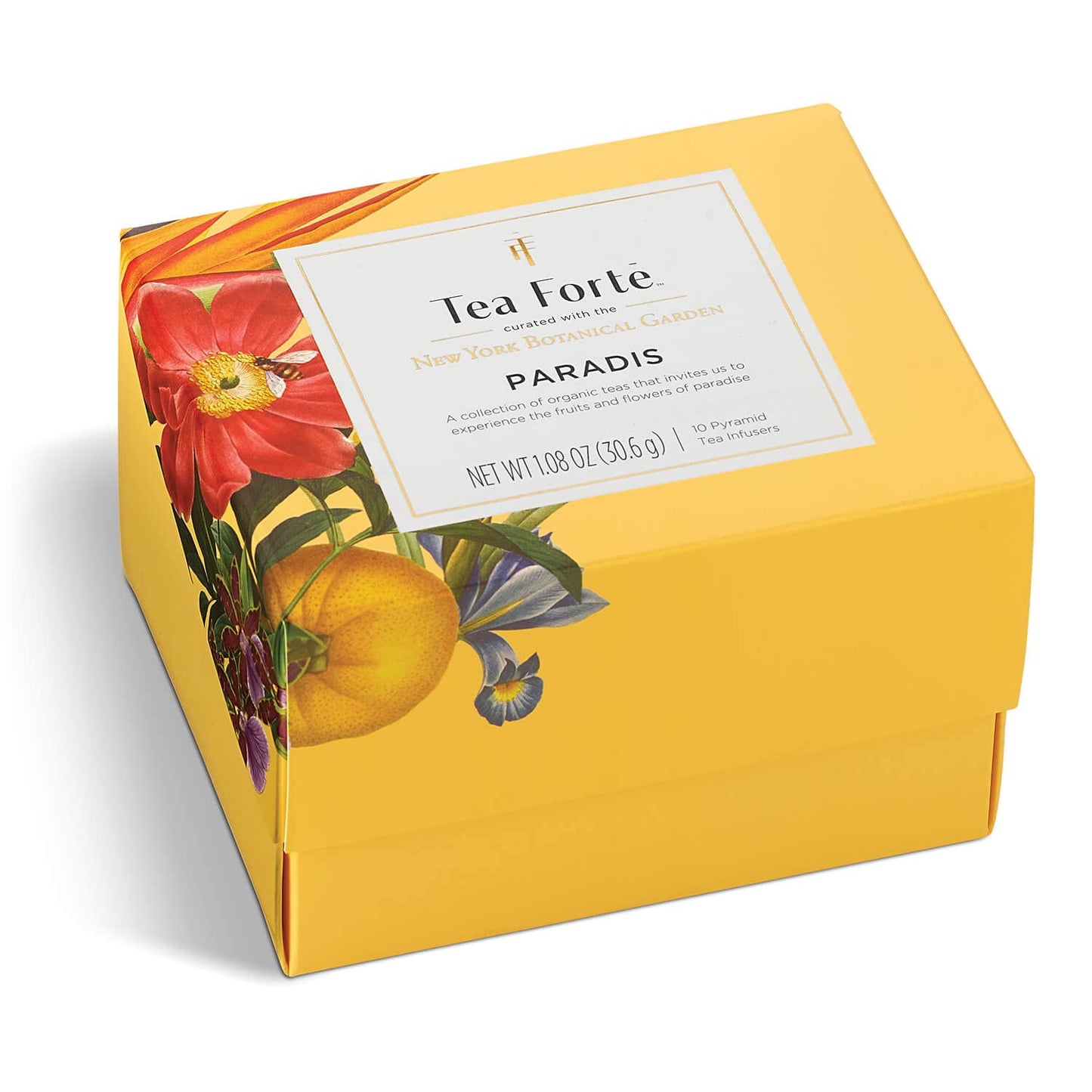 Tea Forte Paradis 3-Piece Premium Tea Gift Set With Mango Yellow Cafe Cup With Lid, Tea Tray And 10 Assorted 2 Of Each Variety O