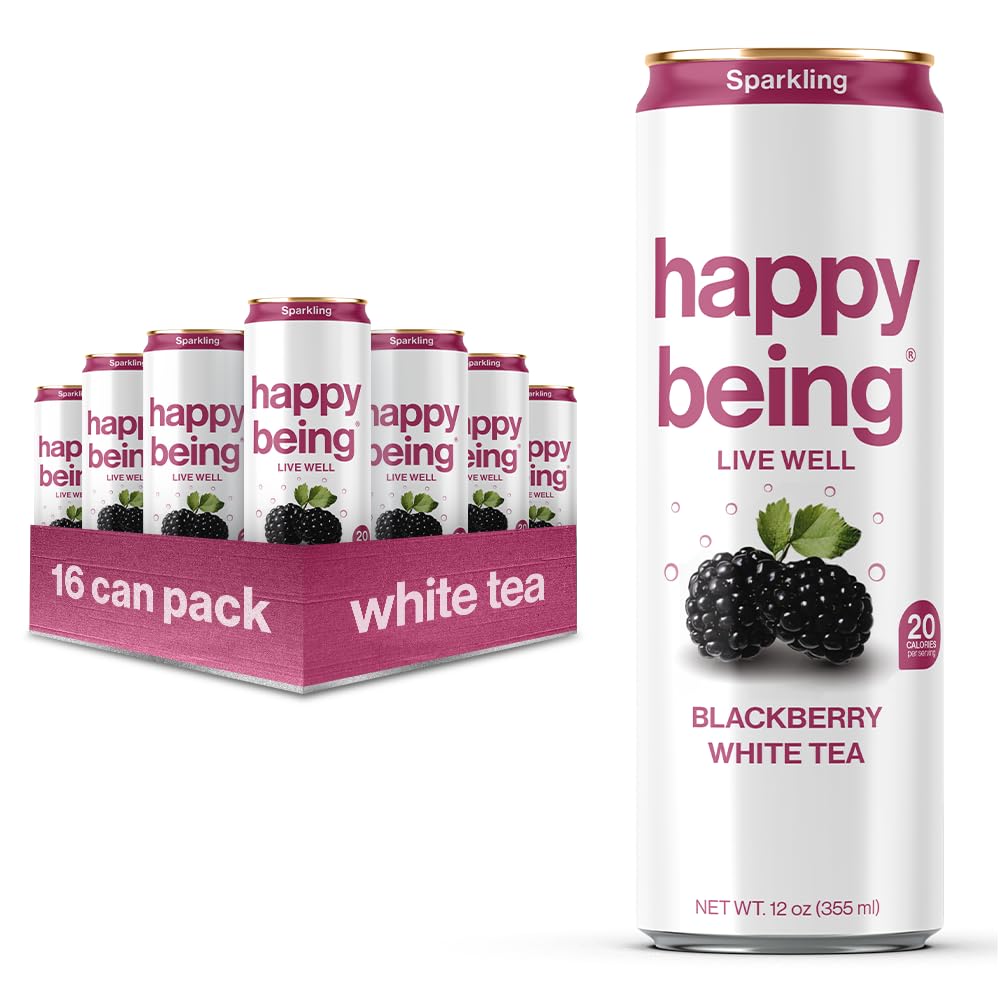 Happy Being Sparkling Blackberry Citrus White Tea, Nutrient-Rich, Caffeine Free, Plant-Based, 12oz, 16 Pack