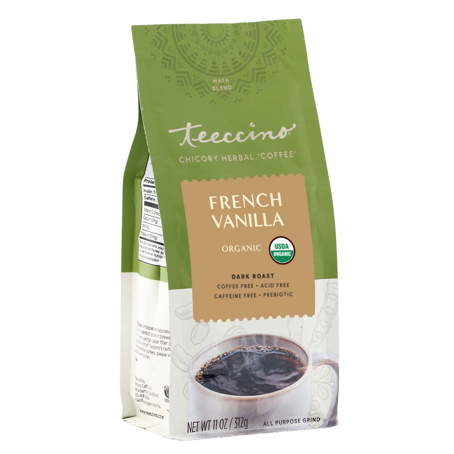 Teeccino Chicory Coffee Alternative - French Vanilla - Ground Herbal Coffee Thats Prebiotic  Energy Blend-Free & Acid Free  Dark Roast  11 Ounce