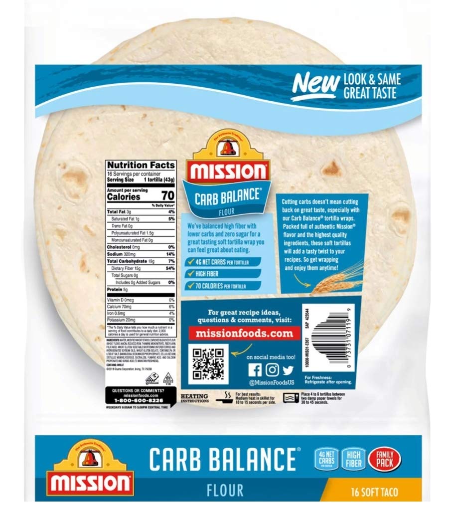 Mission Carb Balance Soft Taco Flour Tortilla'S 2/8 Family Pack Crc Kosher 24 Oz 16 Tortillas