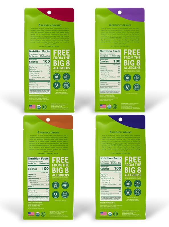 Friendly Grains - Crunchy Rollers - Organic Crispy Puffed Rice Rolls, Healthy For Adults And Kids - Variety Box (4 Packs Of 6)