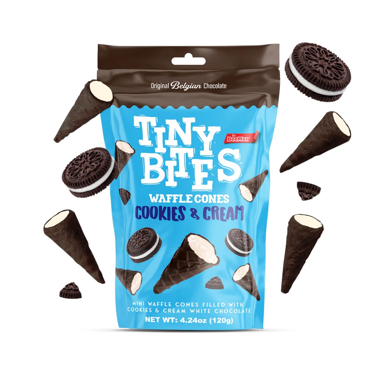 Tiny Bites Crispy Mini Waffle Cones - Top-Grade Belgian Chocolate Treats  4.24 Oz Bag (Pack Of 2) - Cookies & Cream