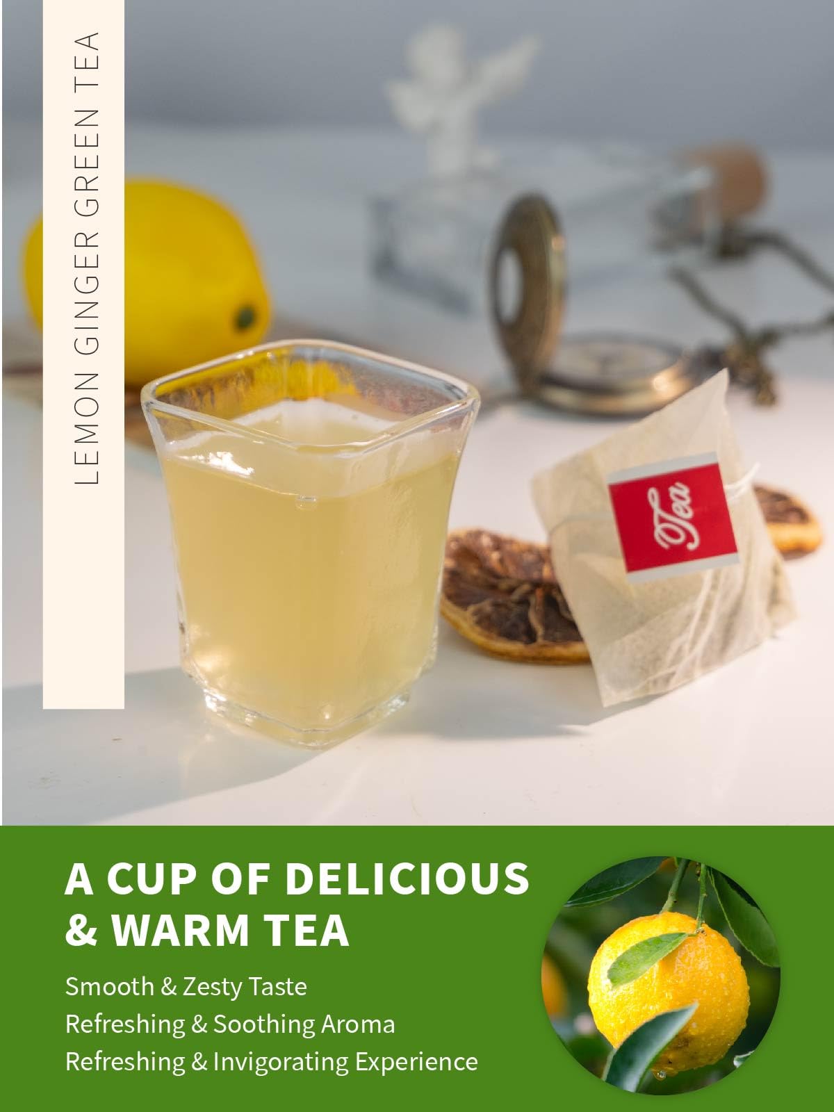 TeeLux Lemon Ginger Green Tea, Zesty Flavor, Low Caffeine, 100 Count