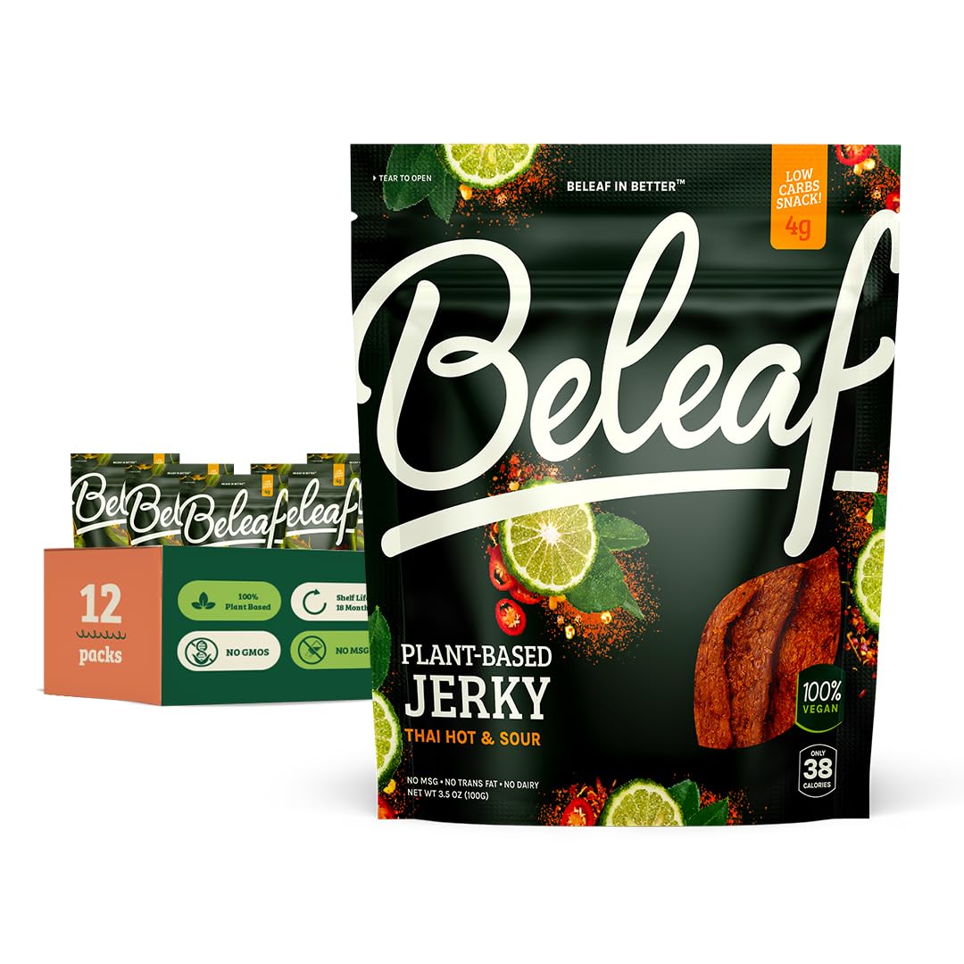 Beleaf Thai Hot & Sour Plant-Based Jerky: High-Protein Snack - Healthy and Flavorful Vegan Jerky for On-the-Go Energy - Tasty Me