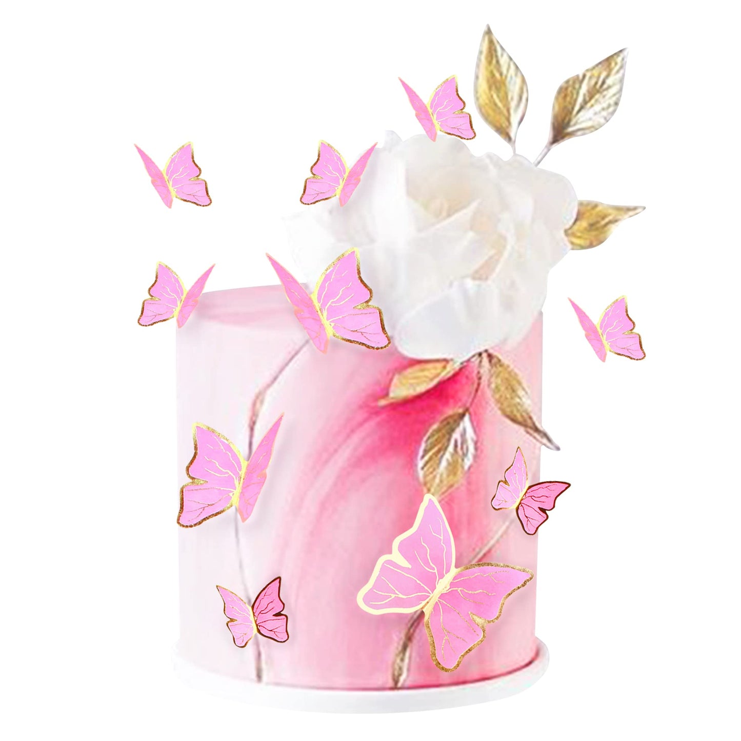Cyodoos 30pcs Pink Gold Edge Mixed Size Lively 3D Waterproof Butterfly Cupcake Topper for Girls Women's Happy Birthday Wedding P