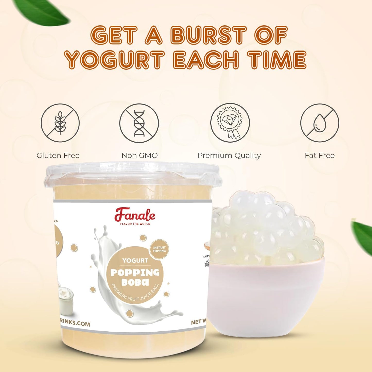 Fanale Yogurt Popping Boba Pearls, Vegan, Non Gmo, Gluten Free, Fat Free, Perfect For Bubble Tea, Smoothies, Ice Cream, Desserts