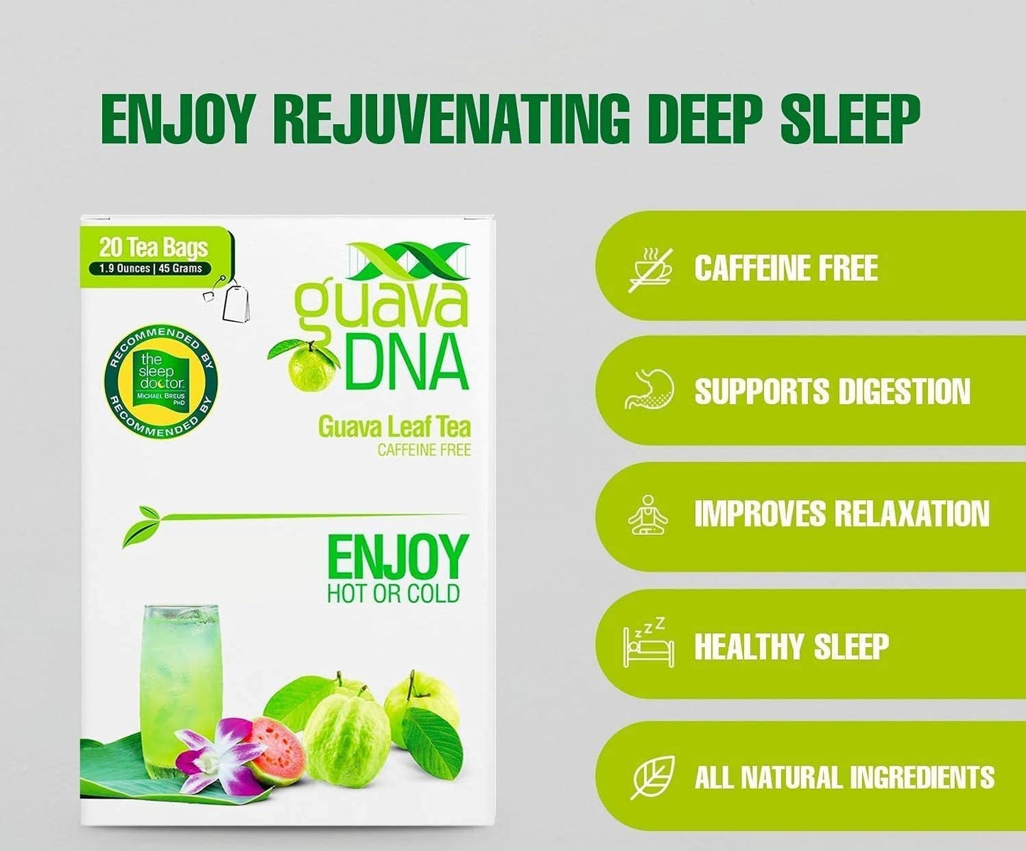 MATCHA DNA Guava Leaf Tea - 20 Individually Wrapped Teabags, 100% Pure Guava Leaves, Natural Herbal Tea, Relaxing & Refreshing