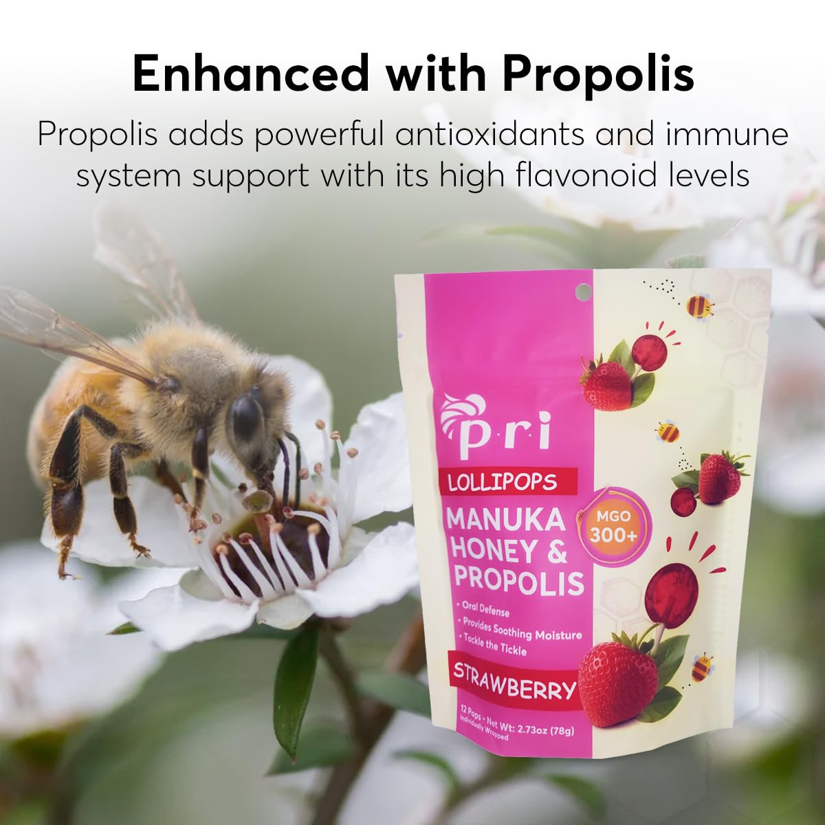 P.R.I Manuka Honey Lollipops, Strawberry Flavor, Certified MGO 300+, 24 Lollipops, 5.46oz