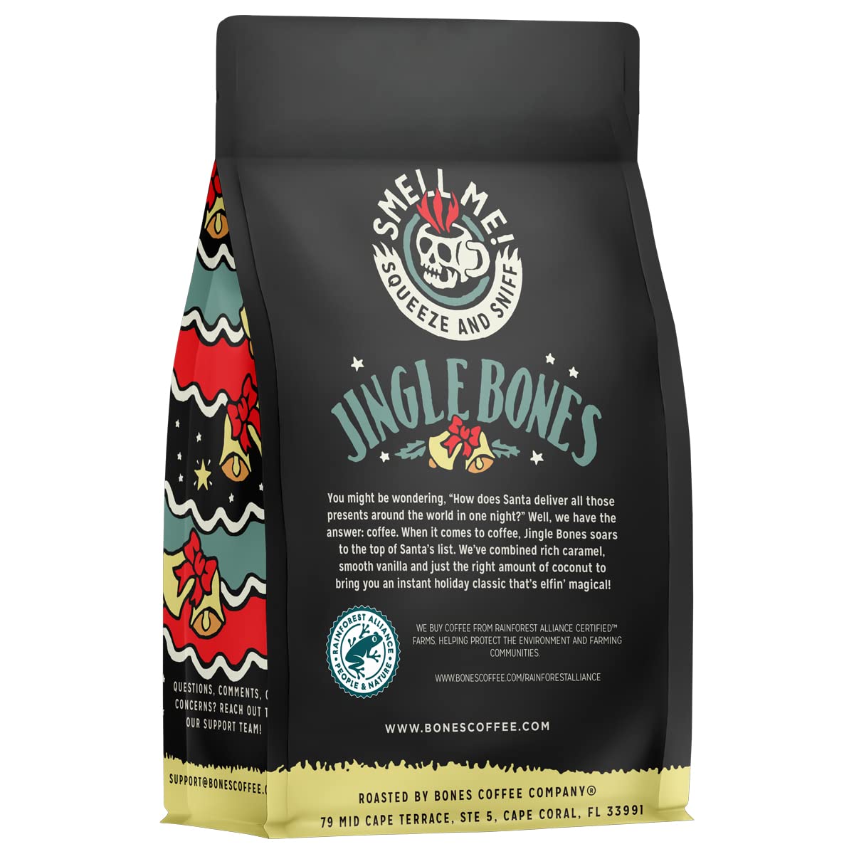 Bones Coffee Company Jingle Bones Ground Coffee, Caramel Vanilla Coconut Flavor, Medium Roast, 12 oz