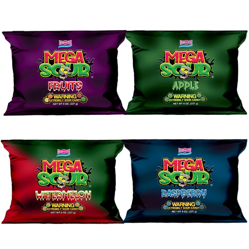 Barnetts Mega Sour Candy 4 Pack - Handmade British Sweets - Raspberry, Apple, Watermelon & Fruits - Gift or Party Treat (227 g x