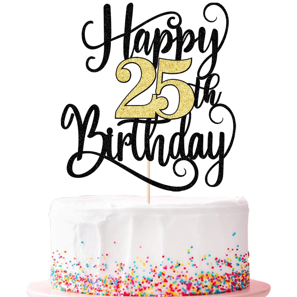 Ruscalin Happy 25Th Birthday Cake Topper,25 Birthday Party Cake Decorations (Black And Gold Flashes, 25Th)