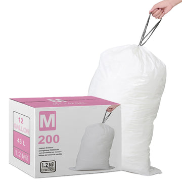 Simplelisa Code M (200 Count) 12 Gallon Heavy Duty Drawstring Plastic Trash Bags Compatible With Code M  1.2 Mil  White Garbage