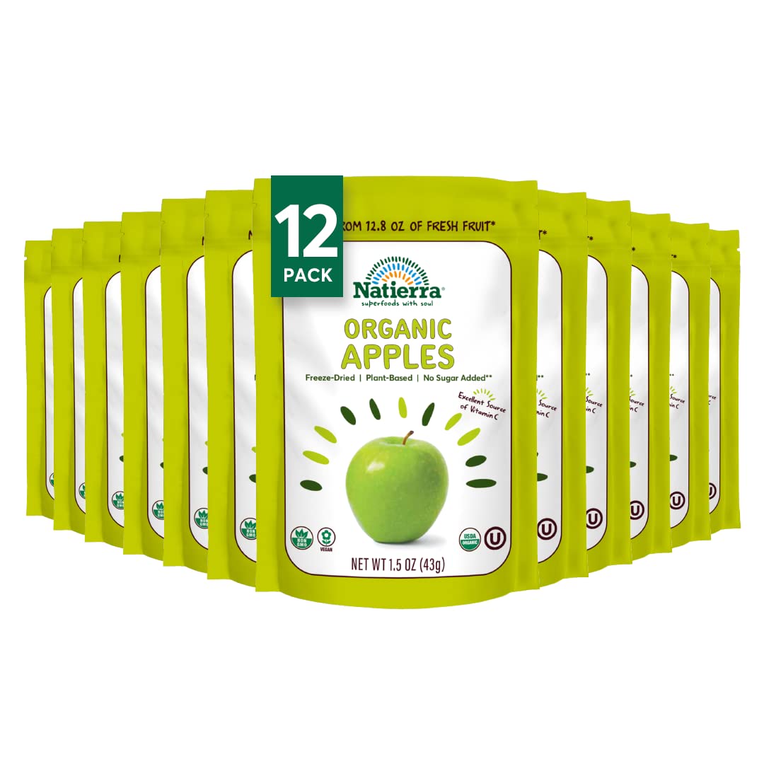 NATIERRA Organic Freeze-Dried Apples | No Sugar Added | USDA Organic, Non-GMO & Vegan | 1.5 oz (Pack of 12)
