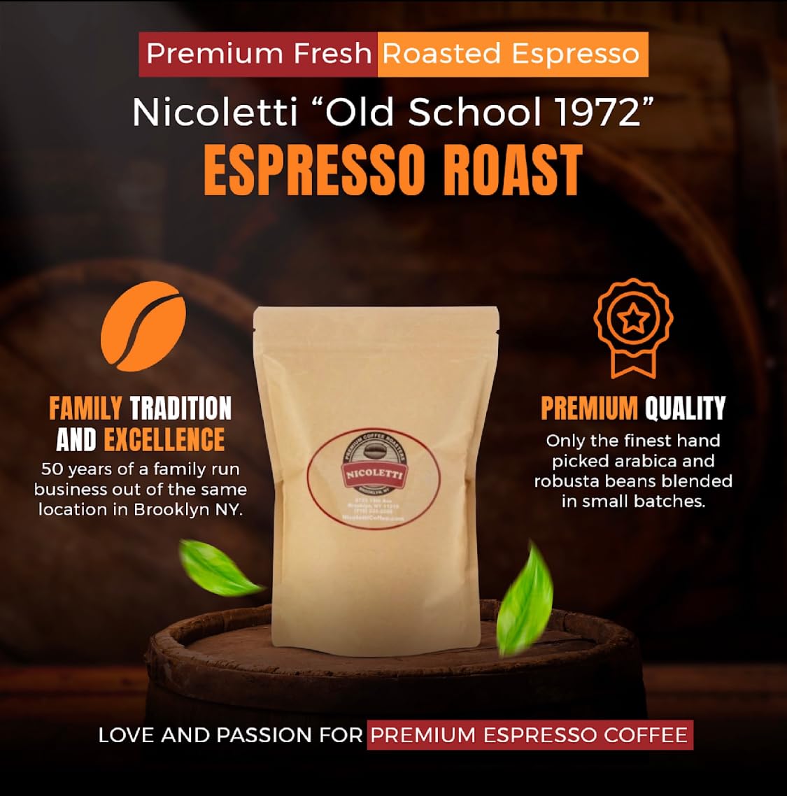 Nicoletti Coffee Old School 1972 Espresso Roast 12oz Whole Beans (Made in Brooklyn NY since 1972) Fresh roasted with date.