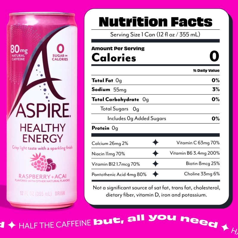 ASPIRE Raspberry Acai 24 Pack - Sugar Free  Natural Caffeine Low Caffeine Sparkling Drink - Keto Friendly - Refreshing Sparkling Boost