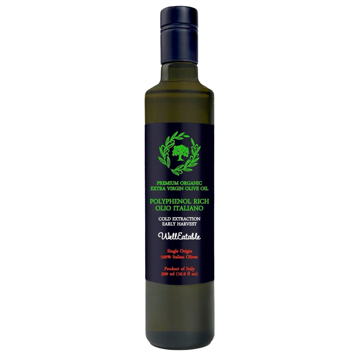 WellEatable Organic Extra Virgin Olive Oil, Polyphenol Rich, 16.9 fl oz, Early Harvest from Italy, Green