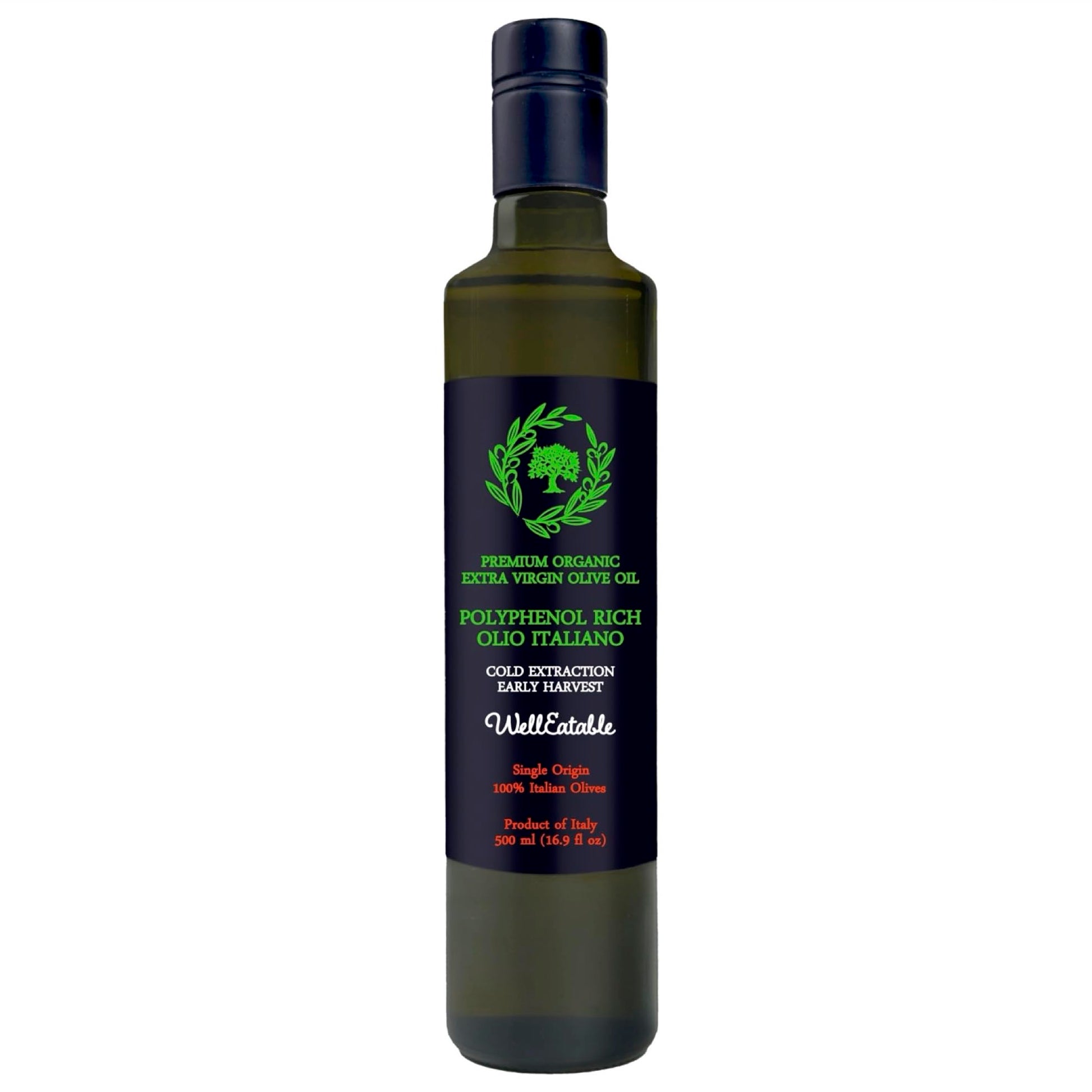 WellEatable Organic Extra Virgin Olive Oil, Polyphenol Rich, 16.9 fl oz, Early Harvest from Italy, Green