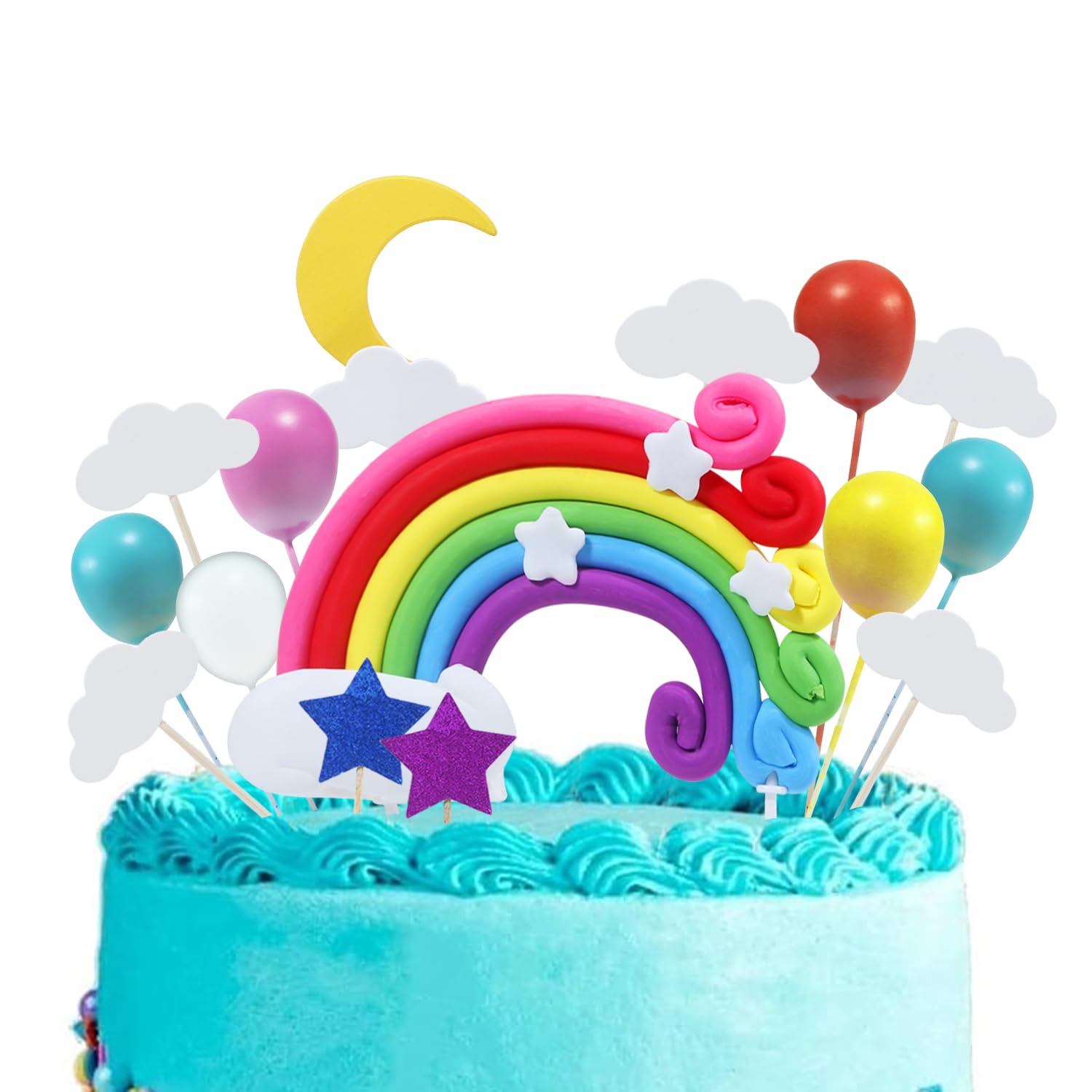 Blingabc Rainbow Cloud Cake Topper, 15Pcs Colorful Rainbow Soft Pottery Cake Toppers Set With Colorful Balls Cloud Moon Stars Ca