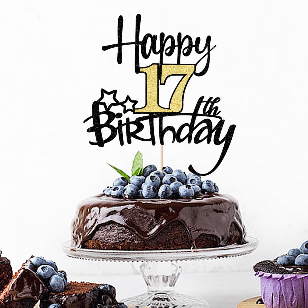 Kaoenla Black Gold Glitter Happy 17Th Birthday Cake Topper - Hello 17/Cheers17,Happy Seventeen Birthday Anniversary,17 Years Old