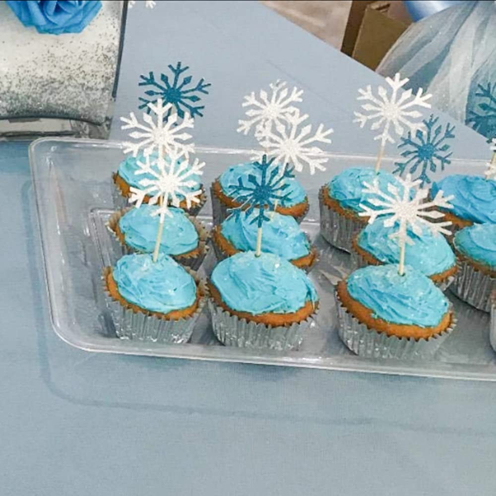 Partywoo Frozen Cake Toppers, 20 Pcs Snowflakes Cupcake Topper, Happy Birthday Cake Topper Set, Silver And Blue Birthday Cake To