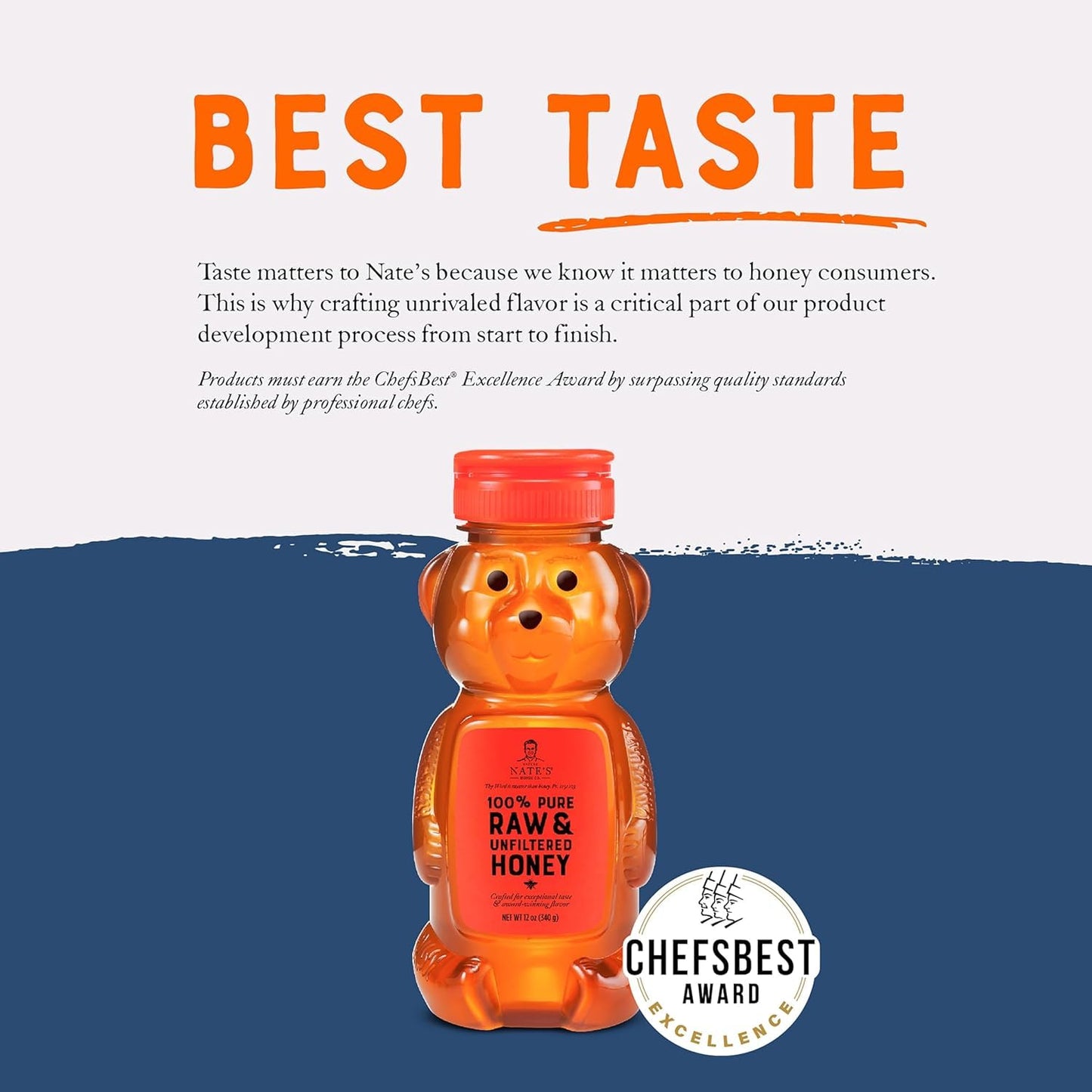 Nates 100% Pure, Raw & Unfiltered Honey - Award-Winning Taste, 12oz. Honey Bear Bottle