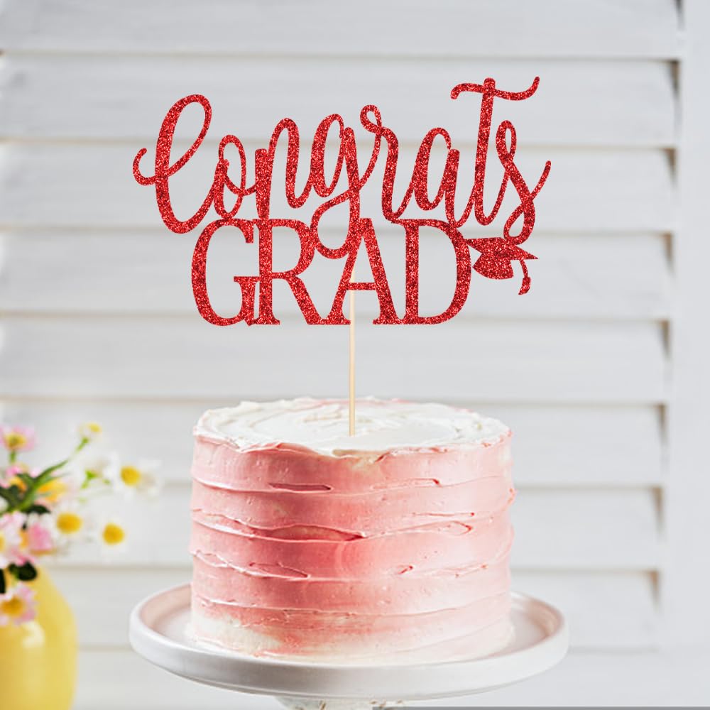 LVEUD Congrats Grad Cake Topper, Red Cardboard Graduation Decoration for 2025 Party