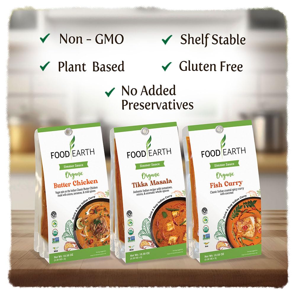 'Food Earth Indian Simmer Sauces - Variety Pack Of 6 (Fish Curry, Butter Chicken, Tikka Masala) | Organic, Vegan, Gluten-Free, R