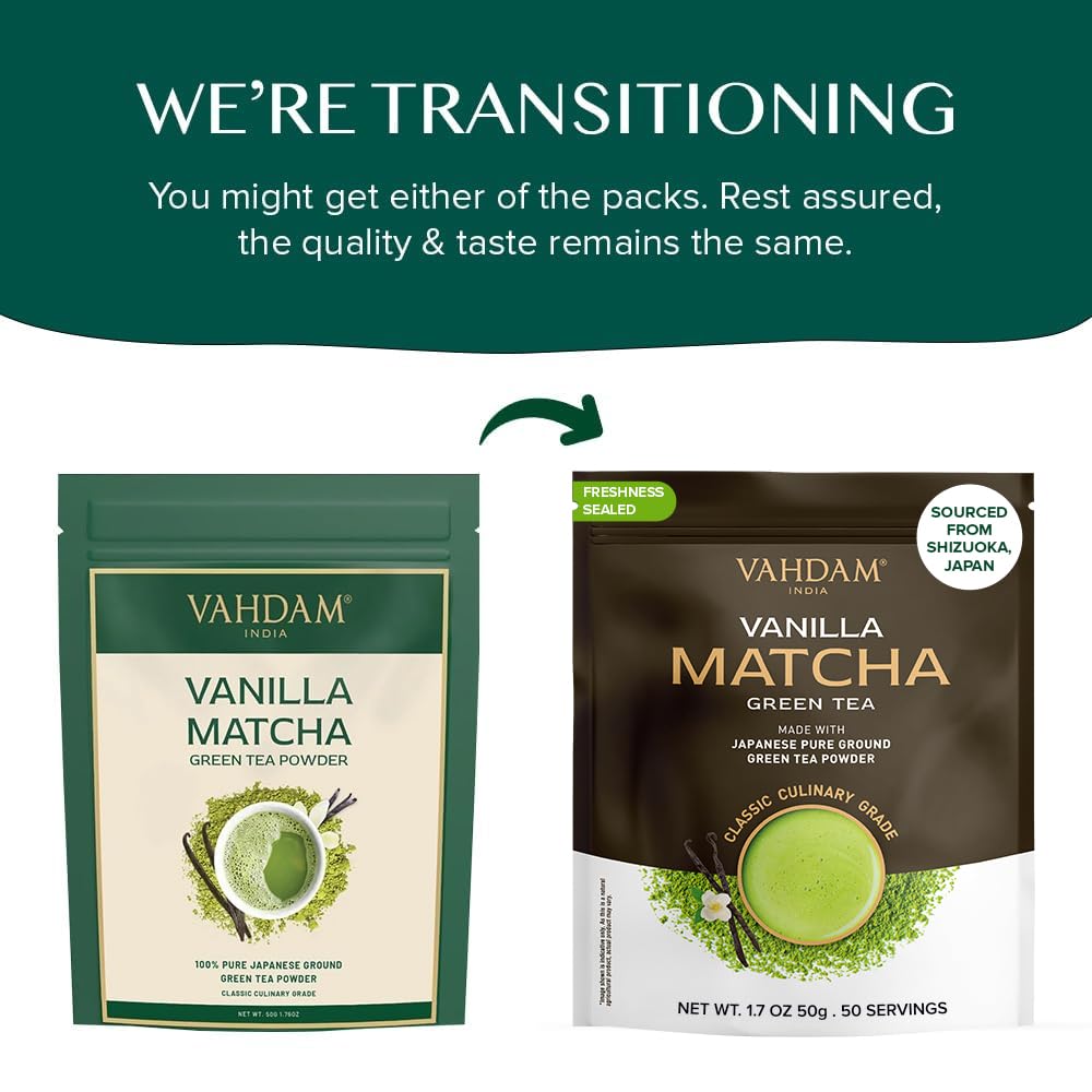 VAHDAM Vanilla Matcha Green Tea Powder - Premium Japanese Matcha with Madagascar Vanilla - 1.76oz - Vegan & Gluten-Free