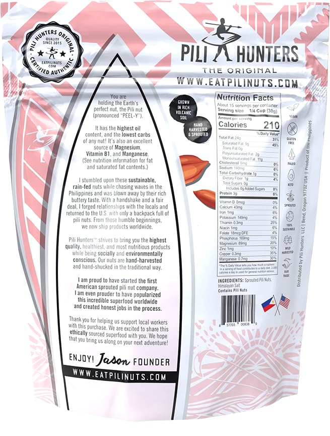 Pili Hunters Wild Sprouted Pili Nuts, Himalayan Salt, Keto/Paleo/Vegan, Gluten Free, 1 lb Bag