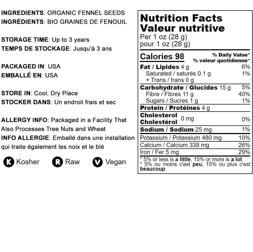 Food to Live Fennel Seeds – Whole Raw, Non-Irradiated, Kosher, Vegan, 4 Ounces