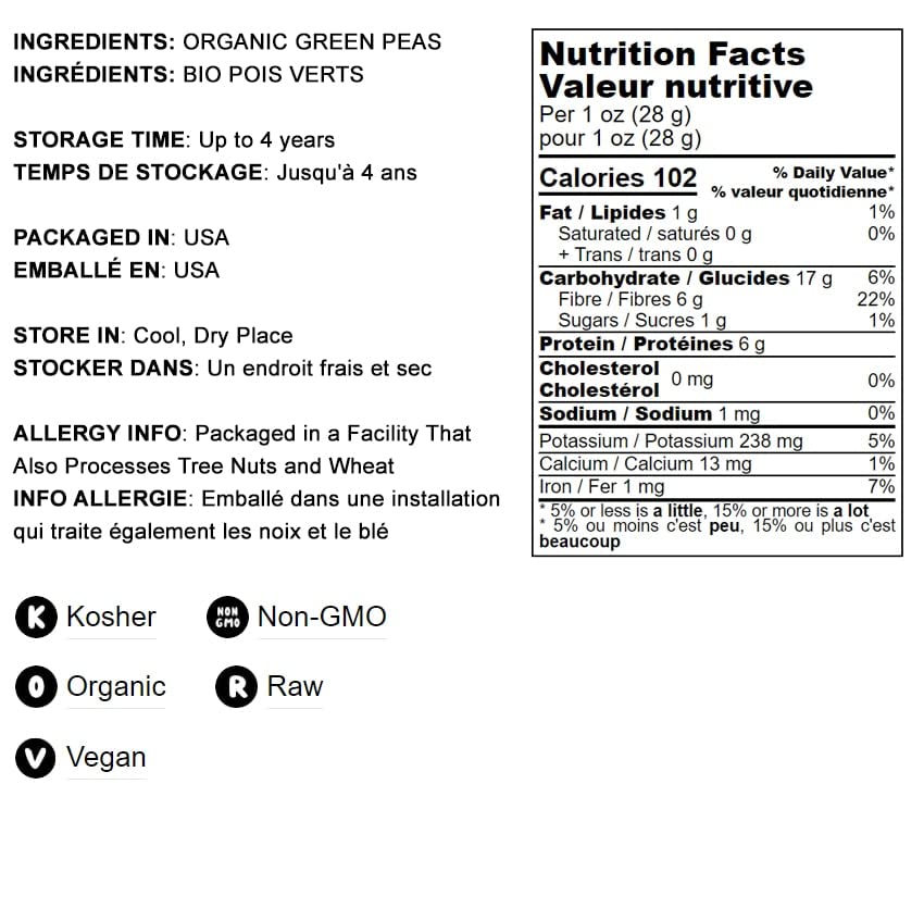 Food to Live Organic Green Split Peas, Non-GMO, Vegan, 15 Pounds, Bulk, Great Source of Protein and Fiber, Product of Canada