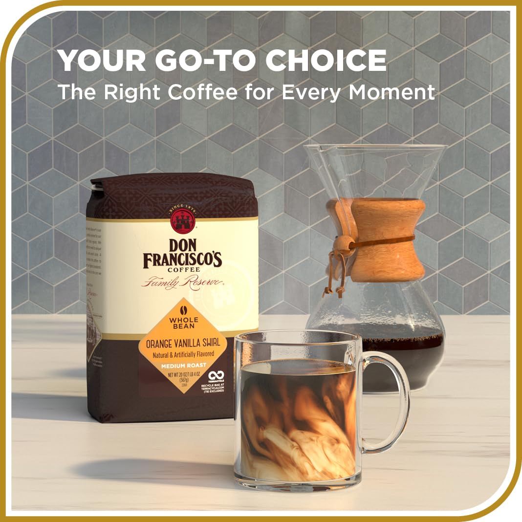 Don Franciscos Orange Vanilla Swirl Whole Bean Coffee  Medium Roast - Flavored 100% Arabica  20 oz Bag  enhanced Coffee for Drip  Pour Over & French Press