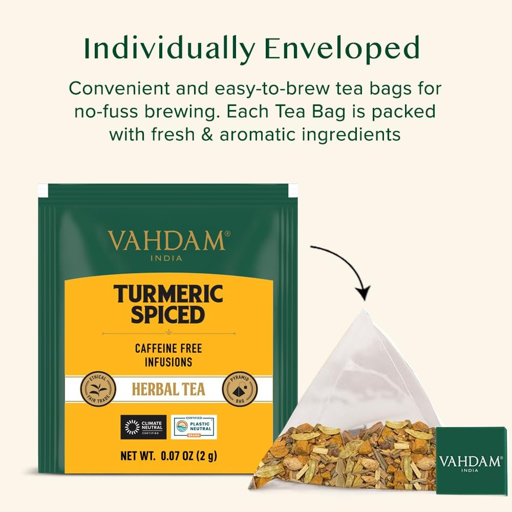 VAHDAM Turmeric Spice Herbal Tea Bags - Caffeine Free, Non-GMO, Gluten Free, 15 Count, Individually Wrapped Pyramid Bags