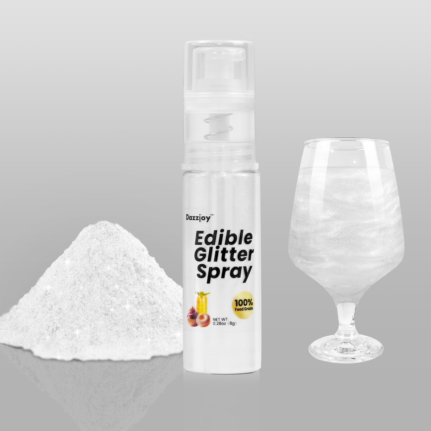 White Edible Glitter Spray, Food Glitter, Dazzjoy 8g Food Grade, Shimmer Edible Glitter for Cocktails, Luster Dust For Cake Deco
