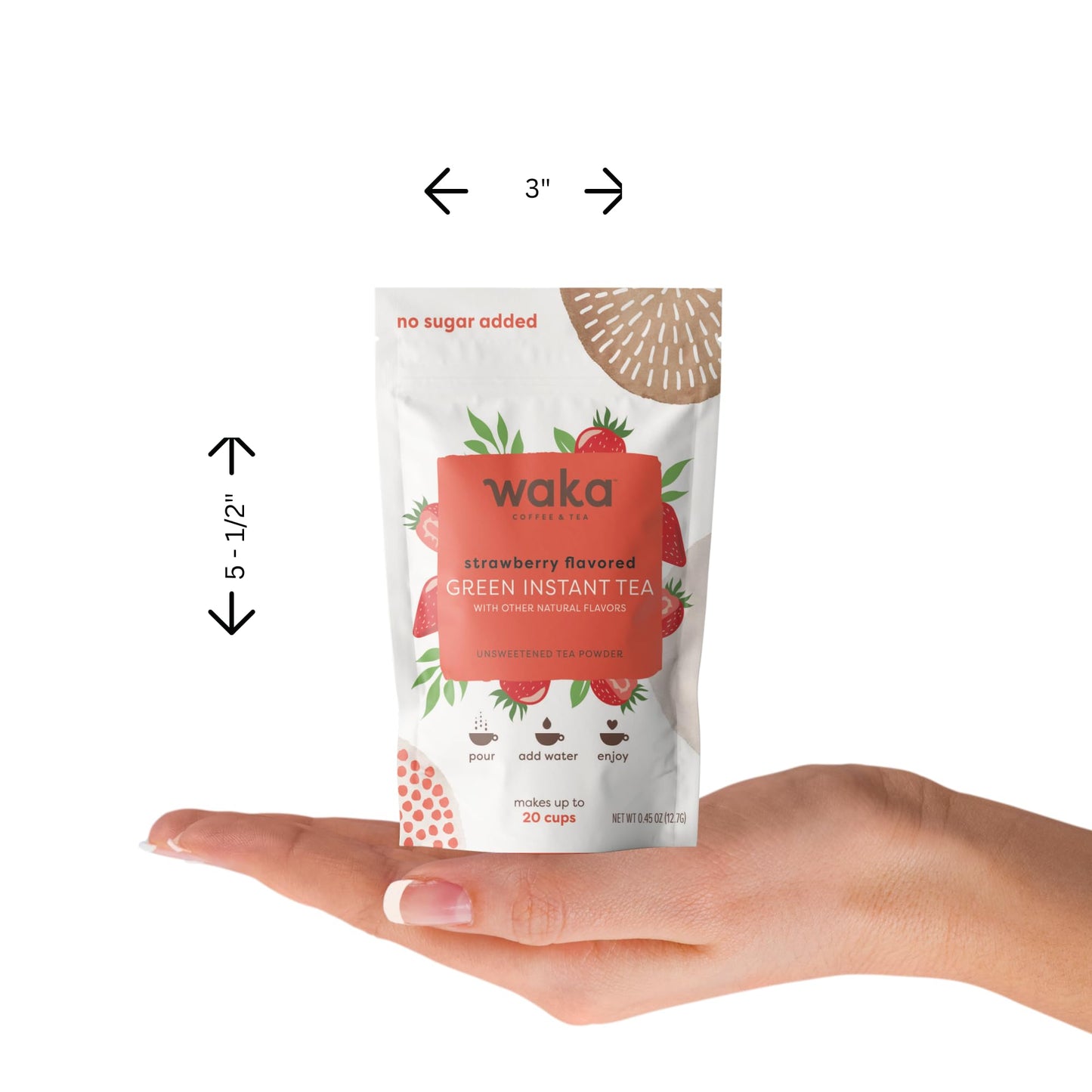 Waka Instant Green Tea Mix, Strawberry Flavored - 100% Tea Leaves, No Additives, Unsweetened Travel Size Tea Powder - Easy Quick