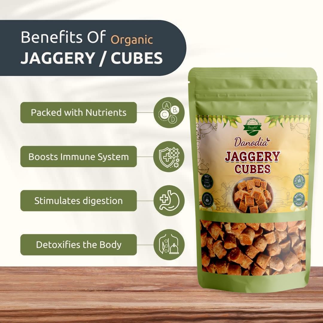 Danodia Foods Organic Jaggery Cubes, 1 lb (450g), Pure & Natural Sweetener, Vegan, Gluten-Free, Brown